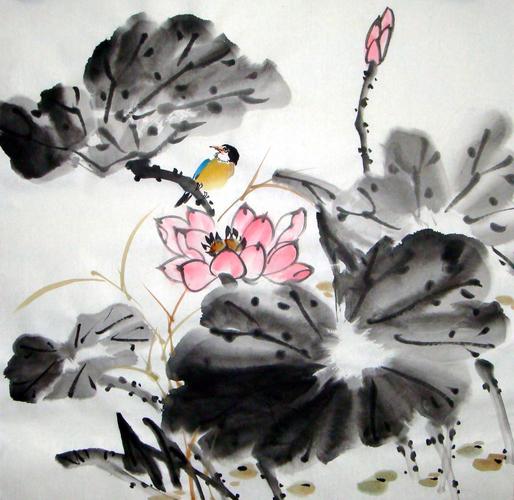 1895四尺斗方无款纯手绘水墨写意花鸟画精品荷花翠鸟 可来图定制