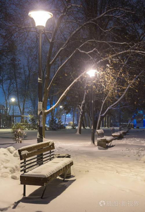 冬天的夜晚景观-长凳下树木和闪闪发光的街道灯飘落的雪花