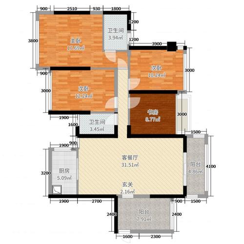 路桥锦绣国际4室2厅2卫1厨132.00㎡户型图