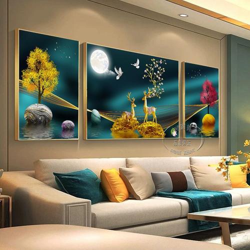 京弗晶瓷画现代简约客厅装饰画沙发背景墙壁画轻奢镶钻北欧式三联挂画