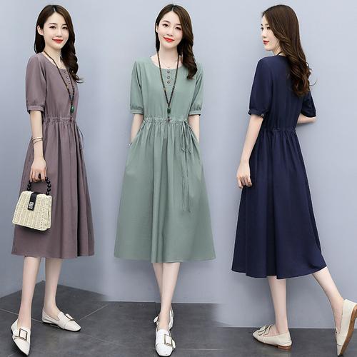 现货,2021年夏季新款女装时尚文艺休闲棉麻连衣裙,配项链,女装连衣裙