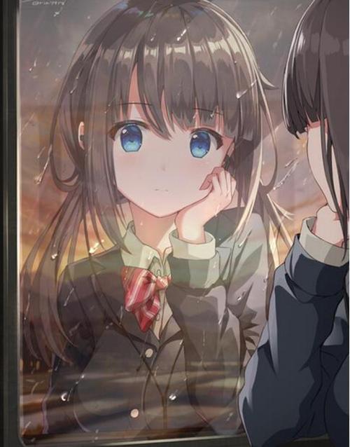 影子可爱双马尾黑发看远方大喵里里