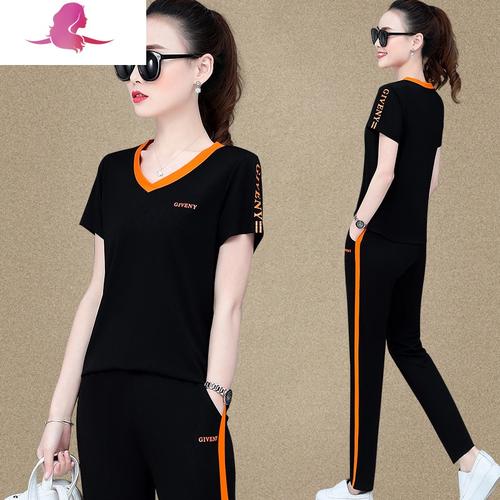 艳如飞夏季时尚v领半袖运动服套装女韩版大码宽松短袖