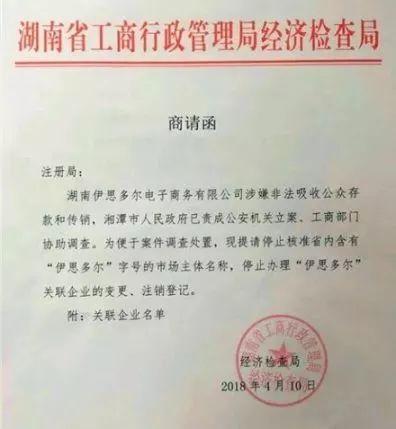 局就因"伊思多尔"涉嫌非法吸存和传销,向湖南省商标注册局开出商请函