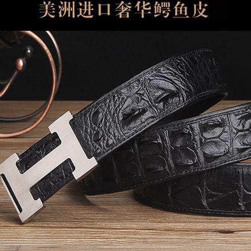 奢侈正品保罗爱马仕夫腰带鳄鱼皮真皮皮带中年男士字母平滑扣商务
