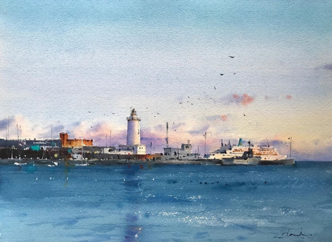 海边的灯塔清新治愈的水粉风景画