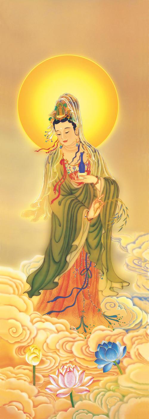 华藏寺开光西方三圣之观音菩萨卷轴挂画/布画像125x45cm