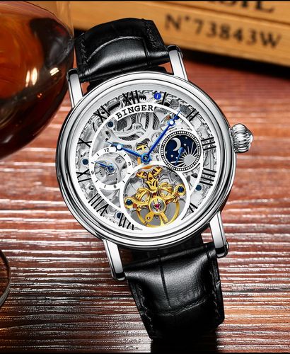 宾格binger 年度新款全透镂空自动机械表 男士手表 防水防划 优质牛