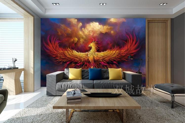 双城故事凤凰壁画新中式抽象客厅办公室直播间背景墙沙发墙纸壁布