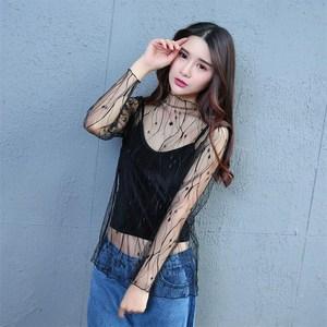 17新款纱网透明蕾丝网纱打底衫女长袖莎莎薄纱性感衣网眼全包防摔