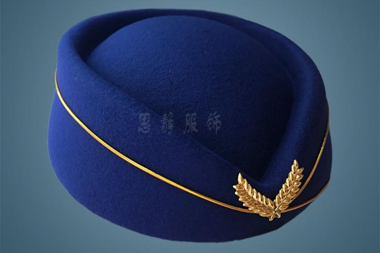 航空空姐蓝色羊毛呢空姐帽动车高铁女士乘务员毛毡帽子金色松紧边