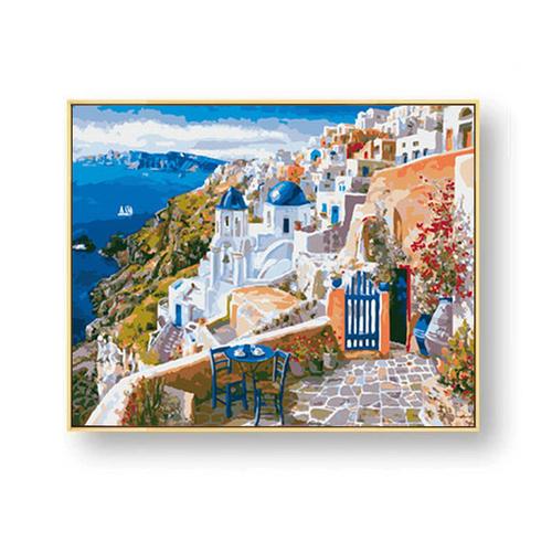 diy数字油画手绘欧式风景油彩装饰画消磨时间手工填色画圣托里尼