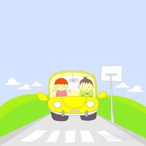 可爱的卡通情侣开车旅行