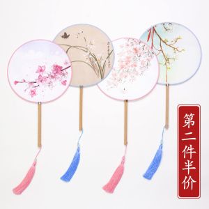 古风扇子团扇中国风手工汉服宫廷圆扇古典舞蹈扇长柄流苏女扇批发