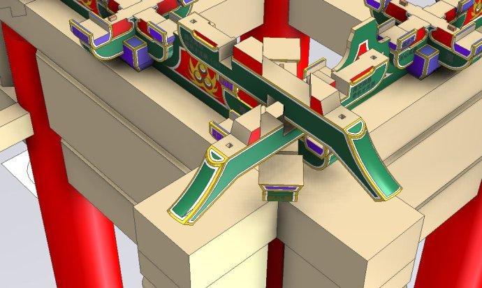图解七踩重昂角科斗拱在单檐庑殿中的装配2