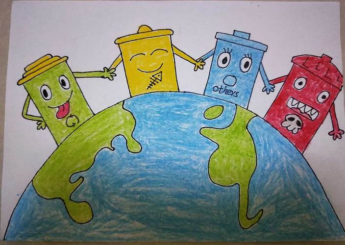 将地球围绕的四个垃圾桶如同四个好朋友,提倡大家垃圾分类,保护地球.