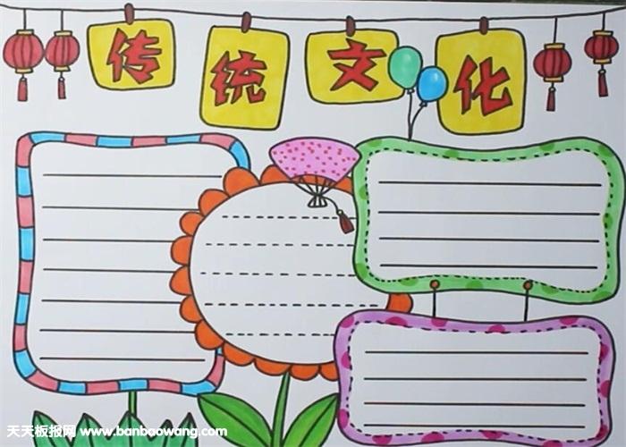 5,最后将几个文框的边框用不同颜色涂上,简单的传统文化手抄报就画