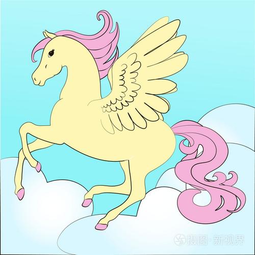 飞马座的翅膀飞翔在天空中,与马色为着色书童话插图