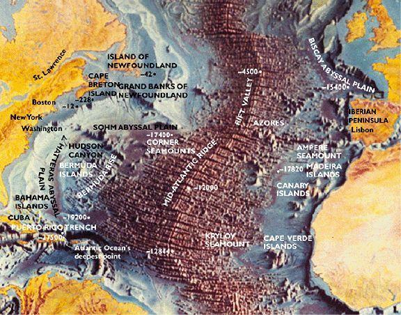 北大西洋海底地图,没有"沉没大陆"的位置.图片来源:rutgers.edu