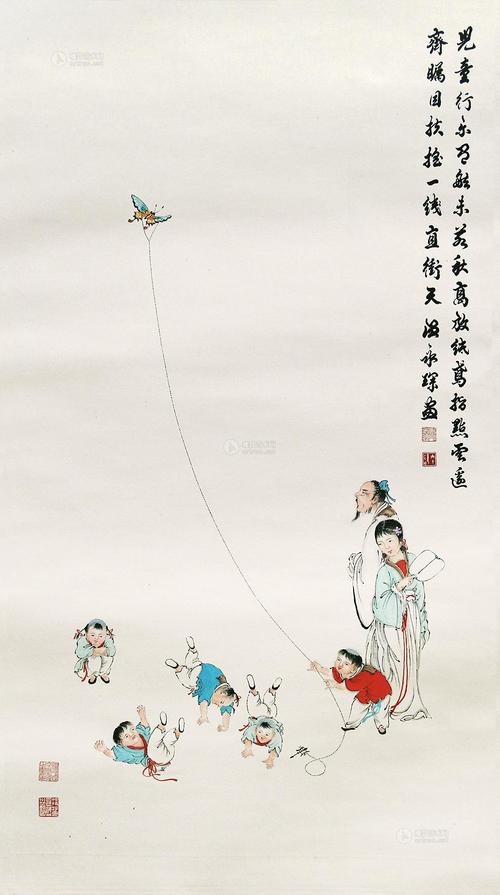 0002放风筝镜片设色纸本