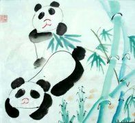 儿童毛笔水墨画作品:两只熊猫