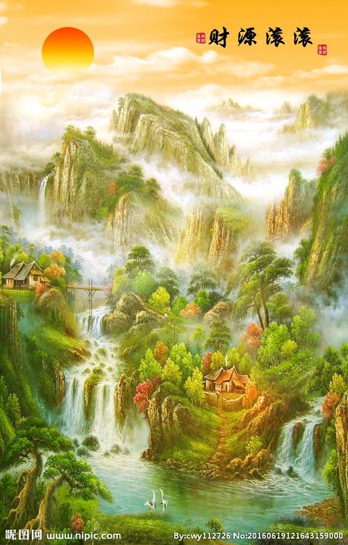 细水长流玄关山水油画图片