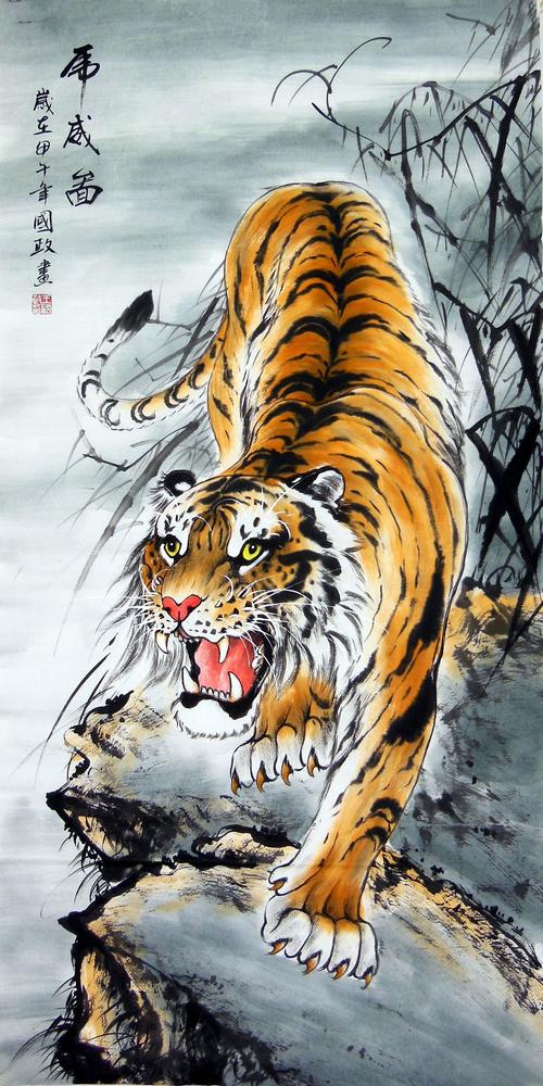 纯手绘国画老虎画下山虎辟邪客厅办公室作品真迹水墨画四尺中堂画