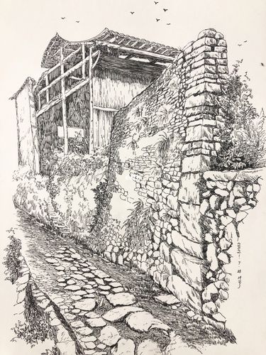 石头路,石头墙和老房子._速写_钢笔_钢笔速写_文化