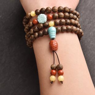 越南老料沉香6mm108颗佛珠手串药香味配饰绿松石三通蜜蜡圆珠