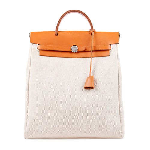 hermes(爱马仕) 米色帆布棕色配皮双肩包