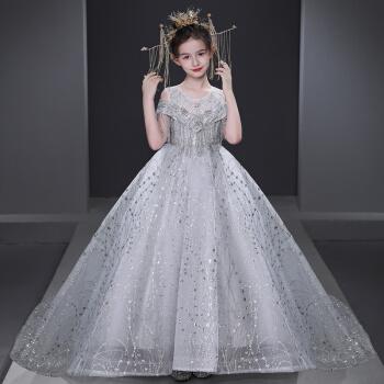 迪士尼儿童礼服公主裙高端女童婚纱裙小女孩洋气走秀拖尾主持钢琴演出