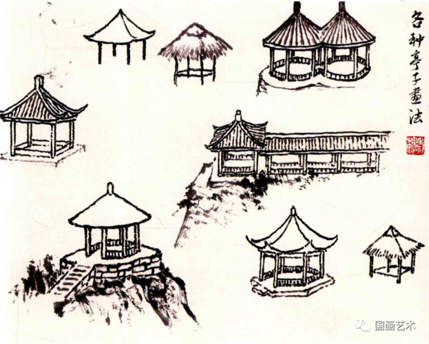 亭子画法各种亭子画法为了点缀景观,山水画中常常在山顶,树丛,平台