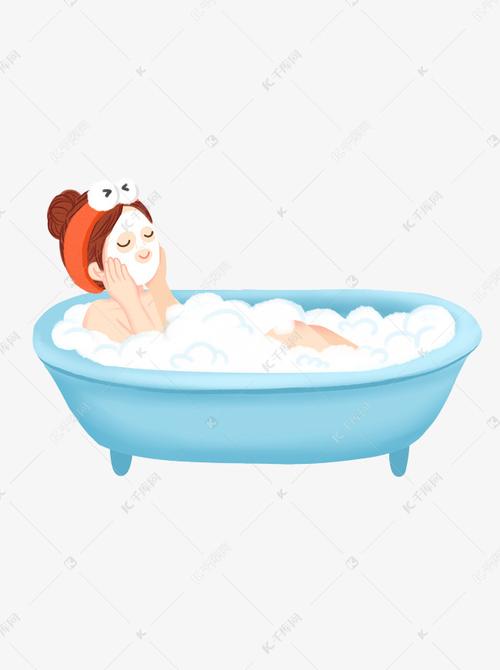 手绘卡通女孩躺在浴盆里元素