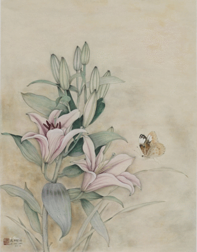 蔼绘丹国画作品《百合花》