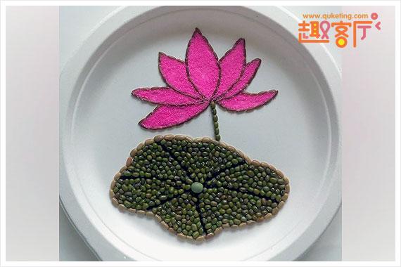 幼儿园手工豆子制作的荷花荷叶图片,很好看哦.