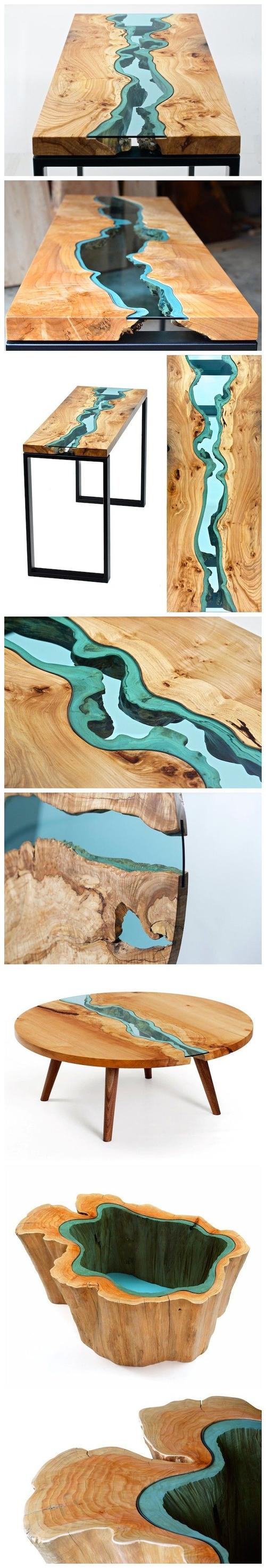 用废木头和玻璃做成的河流桌子 美国西北部.