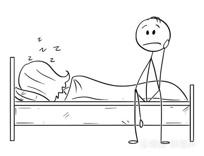 躺在床上的忧郁男人的卡通而女人正在睡觉