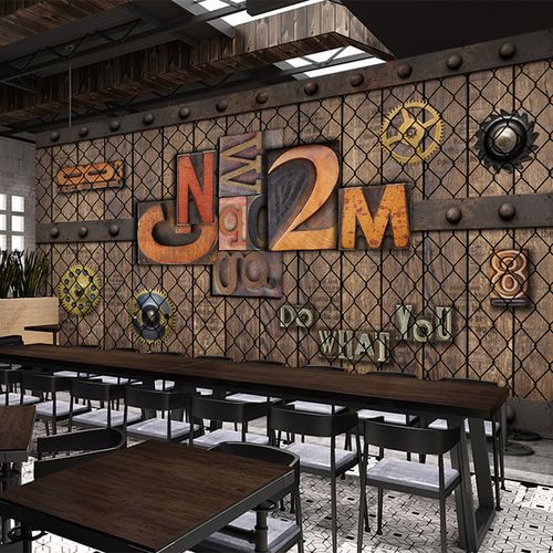 网咖壁纸无缝墙布 ktv 复古立体字母壁画重金属元素工业风墙纸酒吧