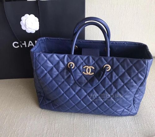 chanel香奈儿购物包金扣双c菱格购物袋蓝色牛皮鱼子酱小号大号手提单