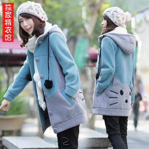 2013冬季新款卡通可爱学生外套初高中生中长少女装加厚卫衣棉衣服