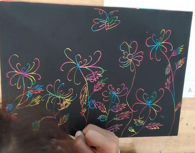 除了用竹笔在刮画纸上进行绘画创作以外,我们还可以配合其它工具进行