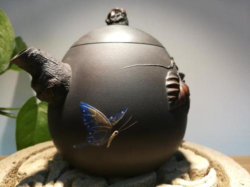 建水紫陶壶名家肖春魁浪鬼全手工精品紫陶树桩蝴蝶壶茶壶茶具