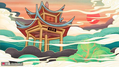 中国风森林树木古风建筑凉亭古风插画