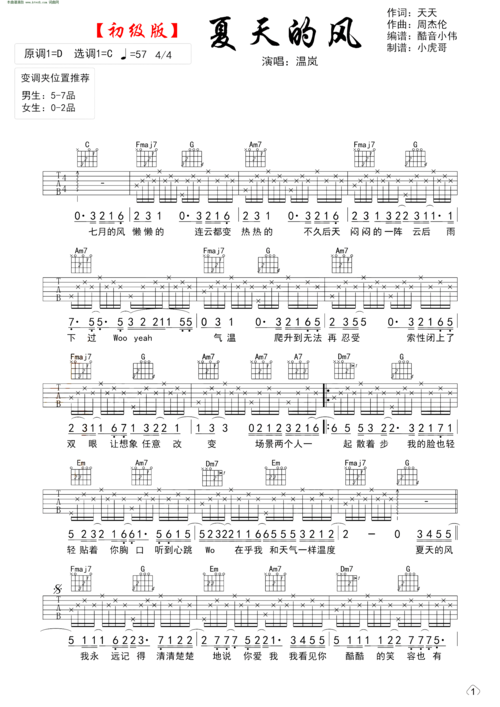 夏天的风 初级简单版 温岚 吉他谱 和弦谱