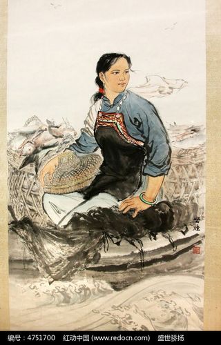 妇女渔民水墨画