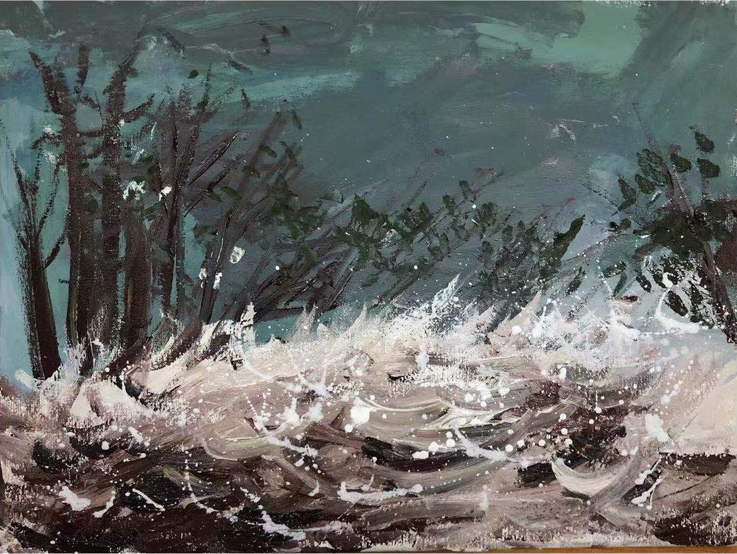 一格画画少儿美术教育学院陈颢嘉小学员水粉绘画作品《洪水》