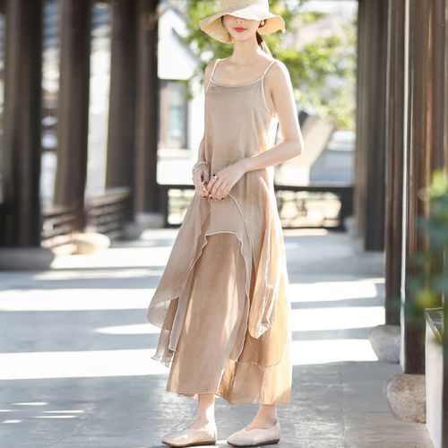 21棉麻手工喷色文艺连衣裙打底外穿长裙森女多层纱裙