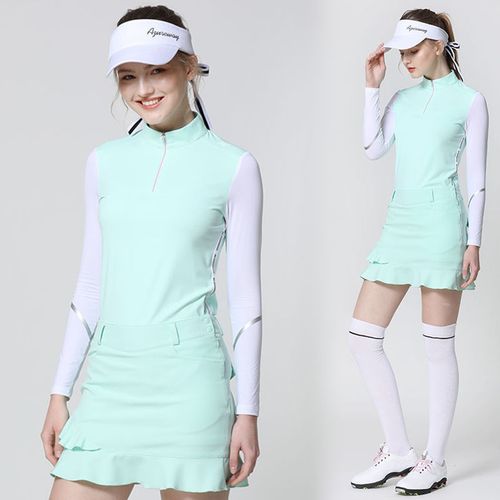 高尔夫女装夏冰丝长袖t恤立领半拉链冰凉透气短裙套装golf衣服女
