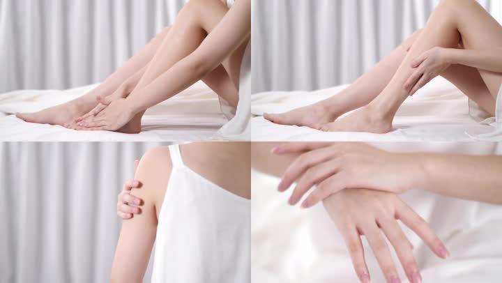 美女护肤擦护肤品,美腿护理4k视频素材