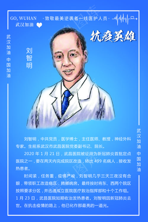 psd模版下载蓝色简约风抗疫英雄刘智明海报模版